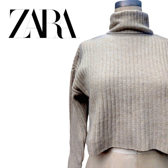 ZARA Cozy Cropped Turtleneck Sweater; Cream Colored; Ribbed Size 11-12 - Picture 3 of 5